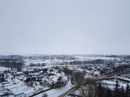 Panorama of Suzdal in winter. View of the bell tower of the rizopolozhensky monastery, part of the Golden Ring of Russia  object. Tourist destination. Ancient architectureの写真素材