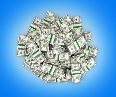big pile of money american dollar bills on blue background 3dの写真素材