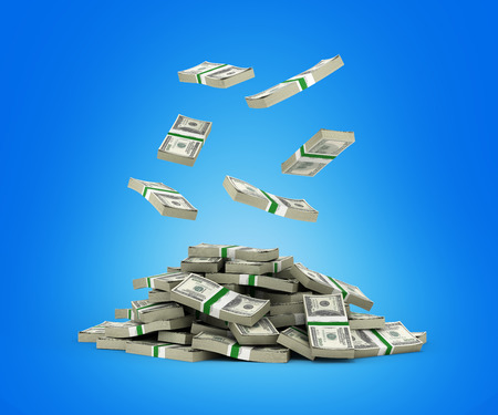 Stack of money american dollar bills falling into a pile on blue background 3d renderの写真素材