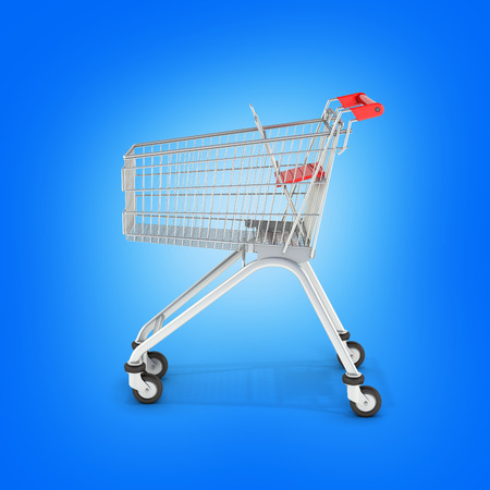 supermarket shopping cart side view on blue gradient background 3dの写真素材