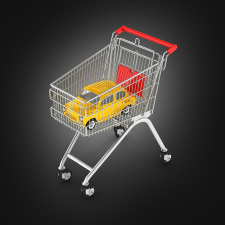 small retro car in the shopping trolley on black gradient background 3dの写真素材