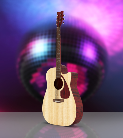 Acoustic guitar on disco ball background 3dの写真素材