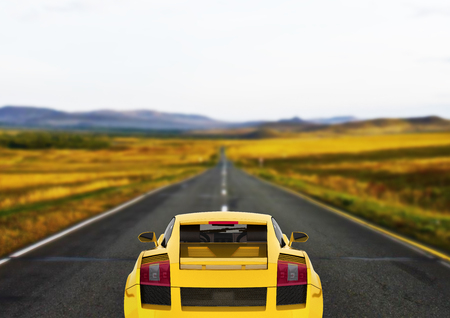 sport car vehicle in yellow rear view on road background 3dの写真素材