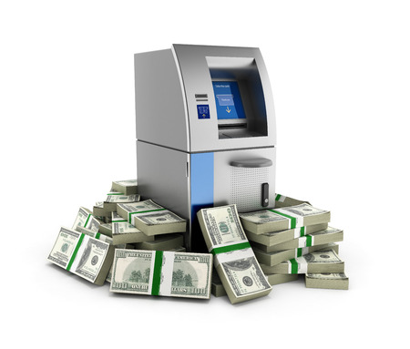 ATM surrounded by 100 dollar bankrolls Bank Cash Machine in pile of money american dollar bills isolated on white background 3dの写真素材