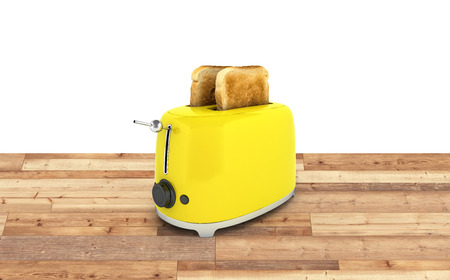Toaster with toasted bread on wood floor and white background Kitchen equipment Close up 3d