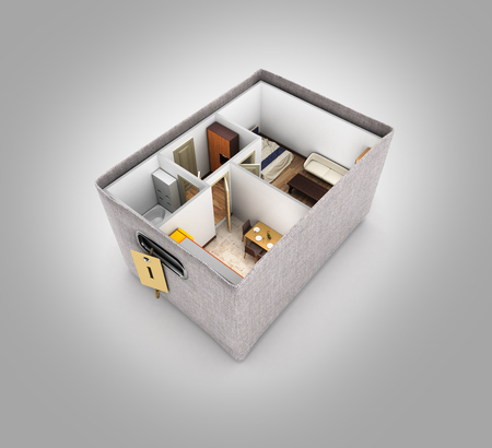 interior apartment roofless apartment layout inside the box concept of buying a home or moving on grey gradient background 3d renderの写真素材