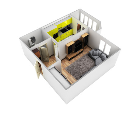 interior apartment roofless perspective view apartment layout 3d render without shadow