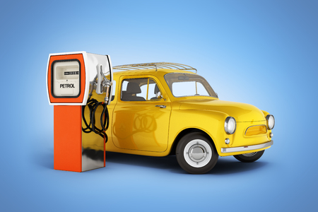 retro car standing at the gas station car refueling illustration on blue gradient background 3dの写真素材