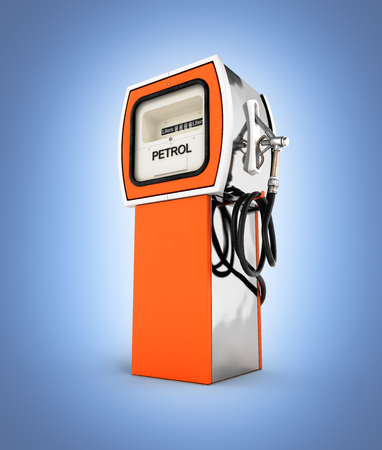 Retro fuel pump in orange isolated on blue gradient background 3dの写真素材