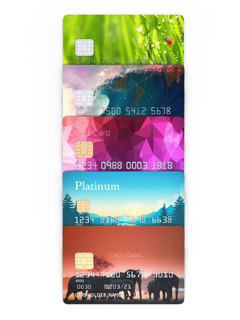 3d illustration of detailed glossy credit cards lined up isolated on white backgroundの写真素材