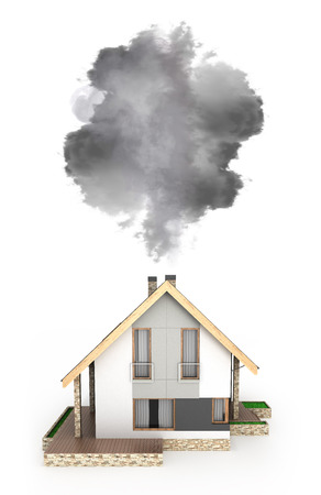 Ecology concept Illustration of pollution by exhaust gases Modern house producing a lot of smoke isolated on white background 3d renderの写真素材