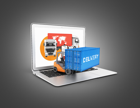 Delivery concept Cargo container with a forklift placed on a laptop isolated on black gradient background 3dの写真素材