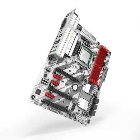Motherboard with realistic chips and slots isolated on white background 3d renderの写真素材
