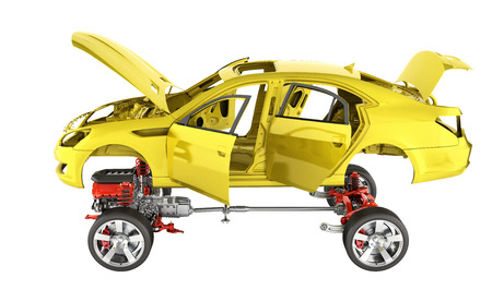 Body and suspension of the car with wheel and engine Undercarriage with bodycar in detail isolated on white background 3d without shadowの写真素材