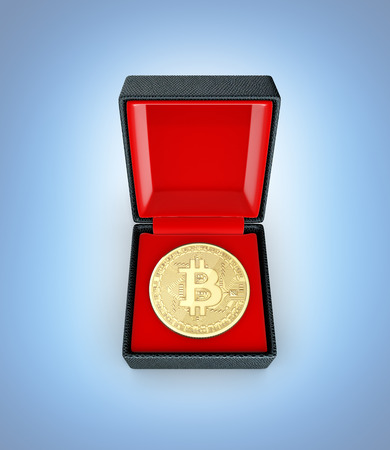 Bitcoin 3D isometric Physical coin in a gift box on blue gradient background 3d illustrationの写真素材