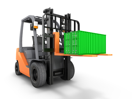 Forklift handling small cargo shipping container isolated on white background 3d renderの写真素材