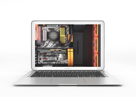 Powerful notebook concept laptop with powerful computer components isolated on white background 3d illustrationの写真素材