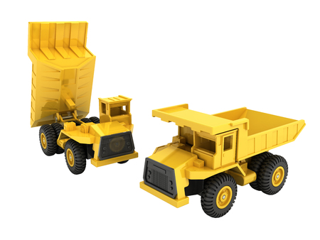 Yellow toy dump truck isolated on white background 3d render without shadowの写真素材