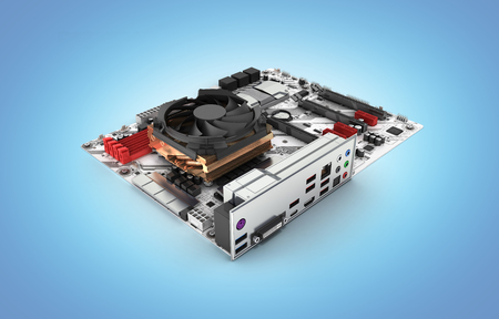 Motherboard with cooling system realistic chips and slots isolated on blue gradient background 3d renderの写真素材