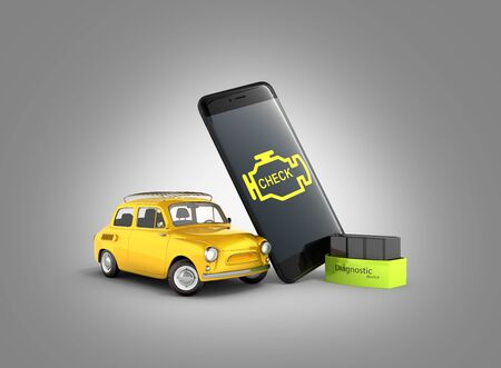 Car diagnostic concept Close up of OBD2 wireless scanner with smartphone and retro car on gray gradient background 3d illustrationの写真素材