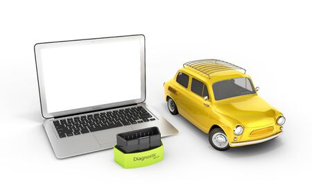 Car diagnostic concept Close up of laptop with OBD2 wireless scanner and retro car on white background 3d illustrationの写真素材