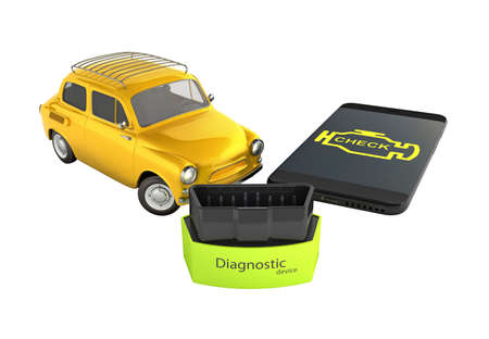 Car diagnostic concept Close up of OBD2 wireless scanner with smartphone and retro car on white background 3d illustration without shadowの写真素材