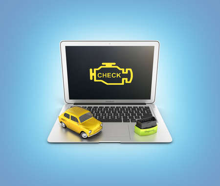 Car diagnostic concept Close up of laptop with OBD2 wireless scanner and retro car on blue gradient background 3d illustrationの写真素材