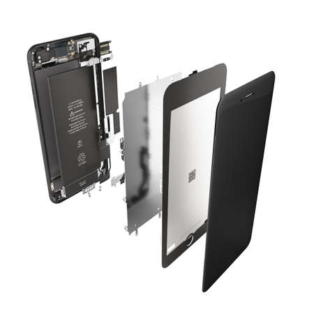 Smartphone in the open state Illustration of smartphone components isolated on white background 3d render without shadowの写真素材