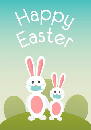 happy easter. stay home. coronavirus bunny with medical mask. covid-19 bunny. CORONAVIRUS EASTER RABBIT. Easter bunny isolated on blue background.のイラスト素材