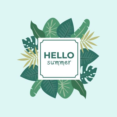 Hello Summer typographical background with tropical plantsのイラスト素材