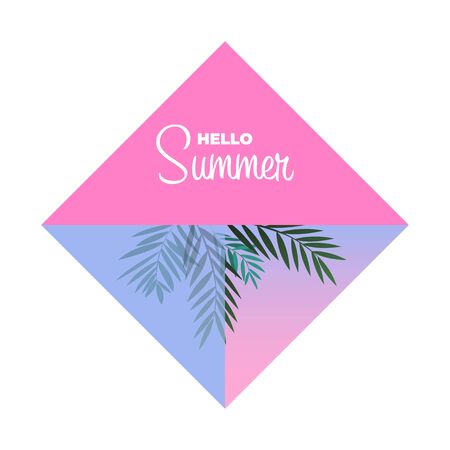 Modern and stylish typographic design poster. Text Hello Summer on a pink and blue background of palm leaves...のイラスト素材