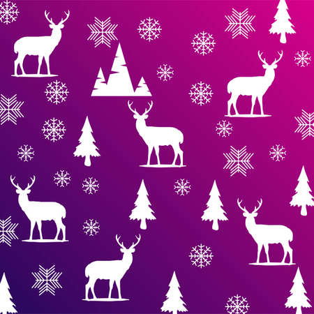 Christmas violet background. Pattern with deers and christmas tree