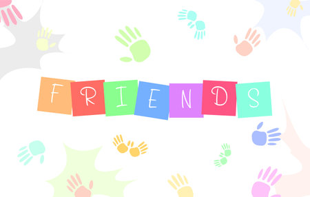 Happy Friendship Day background with cute little boys and girls illustration and colorful text Friends.のイラスト素材