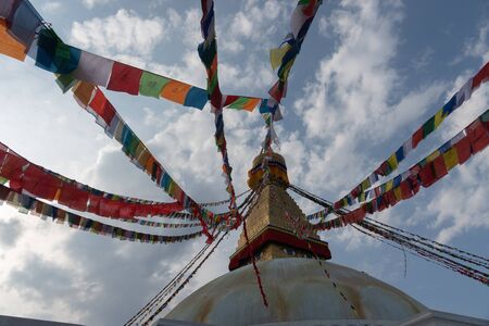 Nepal, Kathmandu. Boudhanath stupa with prayer flagsの写真素材