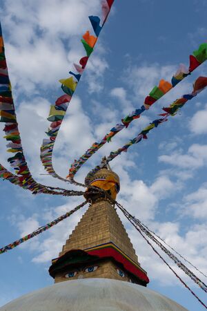Nepal, Kathmandu. Boudhanath stupa with prayer flagsの写真素材