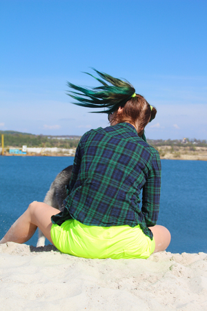 Photo of best friends girl and her husky.の写真素材