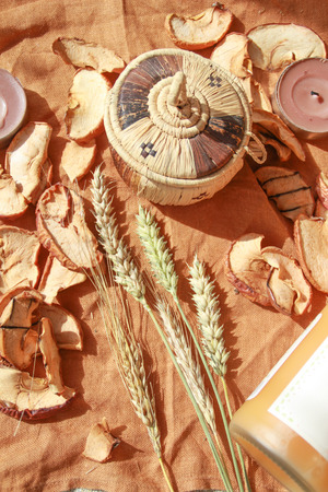 Autumn flatlay with dried apples and spikes.の写真素材