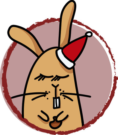 rabbit with santa hat on his head, vector cartoon illustrationのイラスト素材