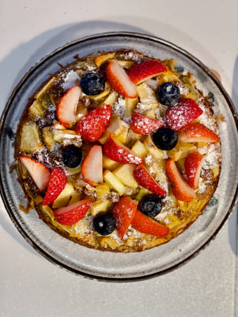 Delicious strawberry and blueberry tart with icing sugar on top.の写真素材
