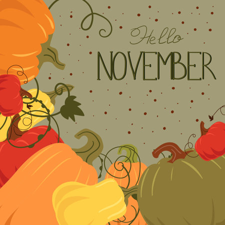 Hello November card with pumpkins and autumn leaves. Vector illustration.のイラスト素材
