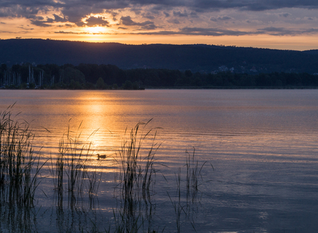 Gold sunset on Balaton lake, Hungary, summer 2016の写真素材