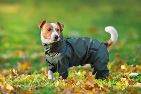 Close up portrait of a Jack Russell dog in a raincoat in the autumn park