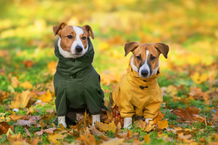 Close up portrait of two jack russell dog in a clothes in the autumn parkの写真素材