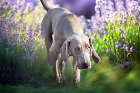 White Swiss Shepherd Dog on lavandula flowers at sunriseの写真素材