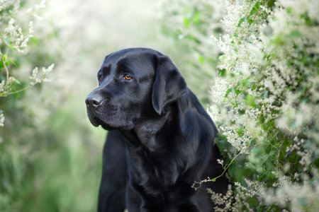 Black labrador close up portrait in blommimg treesの写真素材