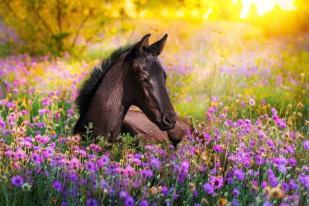 Black colt lay on spring purple flowers meadow against sunset skyの写真素材