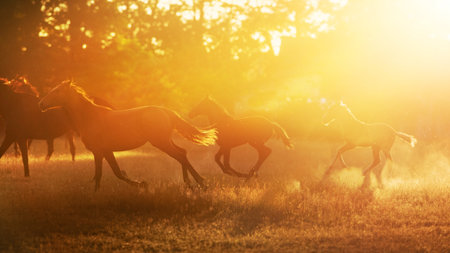 A beautiful horse herd in front of a stunning sunset landscape in late summerの写真素材
