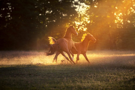 A beautiful horses in front of a stunning sunset landscape in late summer