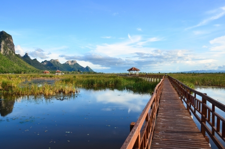 red wooden bridge on water under cloudy sky , khao samroiyod national park, thailand の写真素材