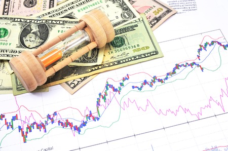 hourglass and money on graph document , business concept